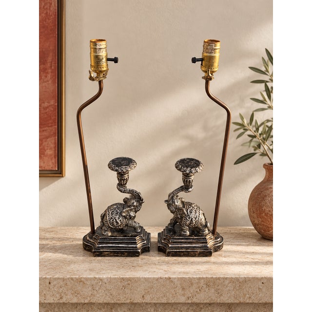 Hollywood Regency Ornate Elephant Sculptural Table Lamps - Pair For Sale - Image 4 of 9