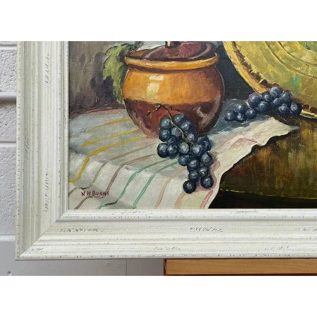 Vintage Champagne Bottle With Grapes Still Life Oil Painting by 20th Century Artist, 1985 Circa For Sale - Image 6 of 12