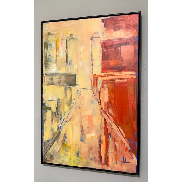 Acrylic on canvas Abstract City scape Bright orange, yellows, and deep reds. Bright blue peaking through. 25"x37". With...
