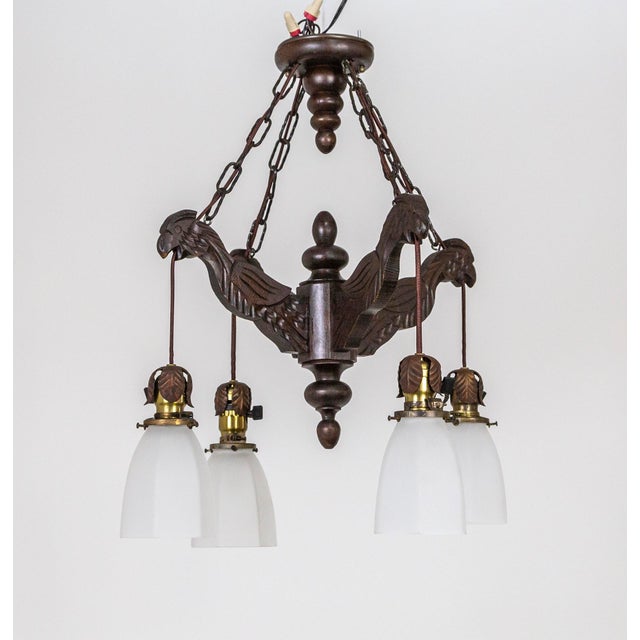 Early 20th Century Carved Wood Parrots Chandelier With Hanging Glass Shaded Lights For Sale - Image 13 of 13