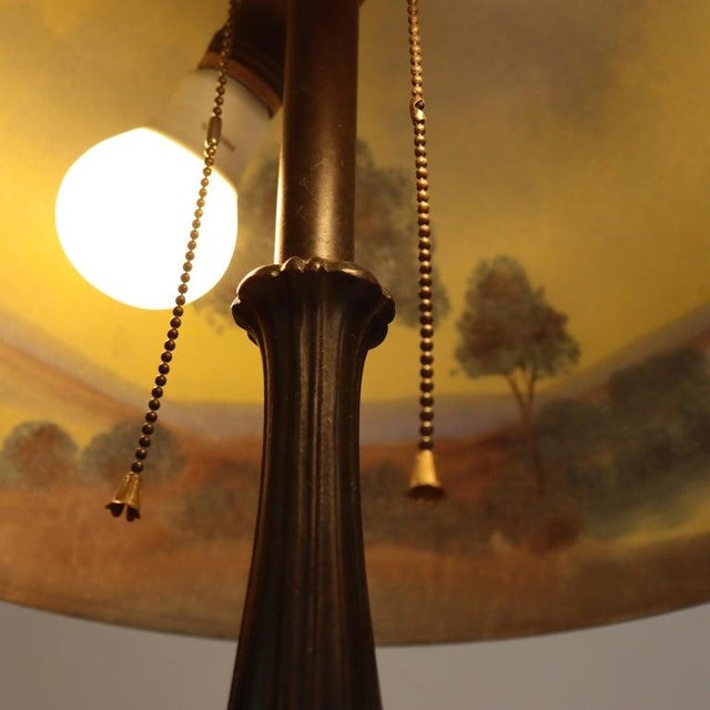 Yellow 1920 Jefferson School Arts & Crafts Reverse Painted Landscape Lamp For Sale - Image 8 of 12