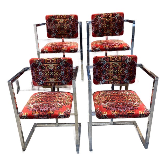1970s Set of 4 Architectural Chrome Chairs Upholstered in Teimani Fabric For Sale