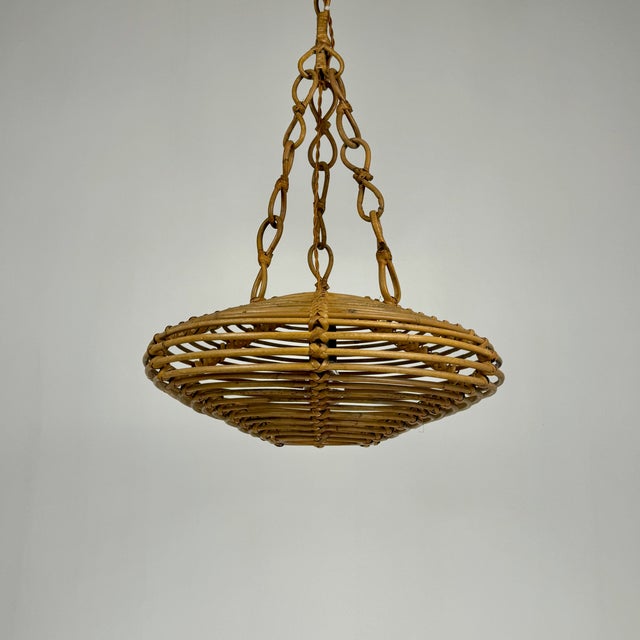 1960s Mid-Century Italian Bamboo Rattan UFO Pendant Lamp, 1960s For Sale - Image 5 of 8