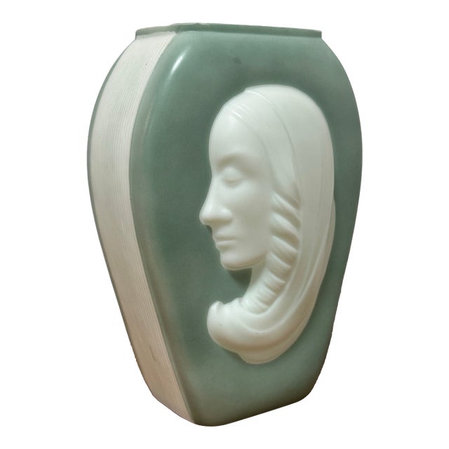 Art Deco Figural Glass Vase With Female Profile, Frosted Green & White Glass, 1930s For Sale
