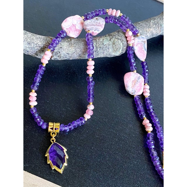 Artisan Amethyst Pendant Necklace With Genuine Argentine Rhodochrosite and Gilded Accents For Sale - Image 13 of 18