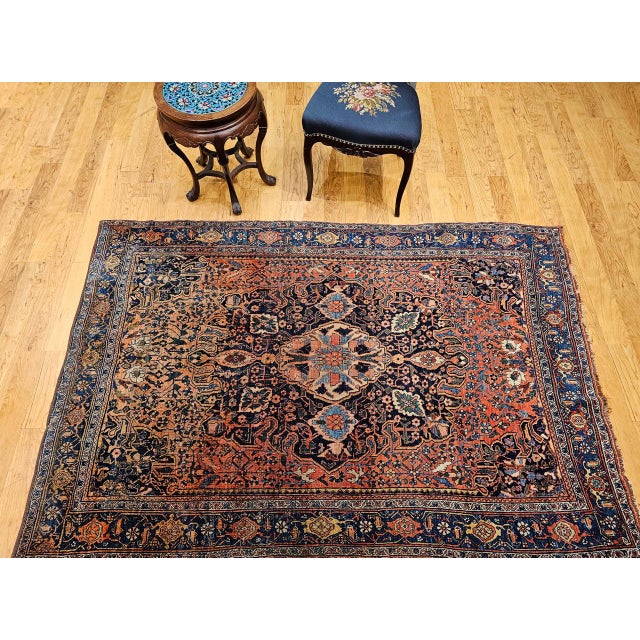 Early 20th Century Bidjar Rug, Hand-Knotted Wool, Medallion Geometric Pattern, Red & Blue, 5x7 For Sale - Image 10 of 18