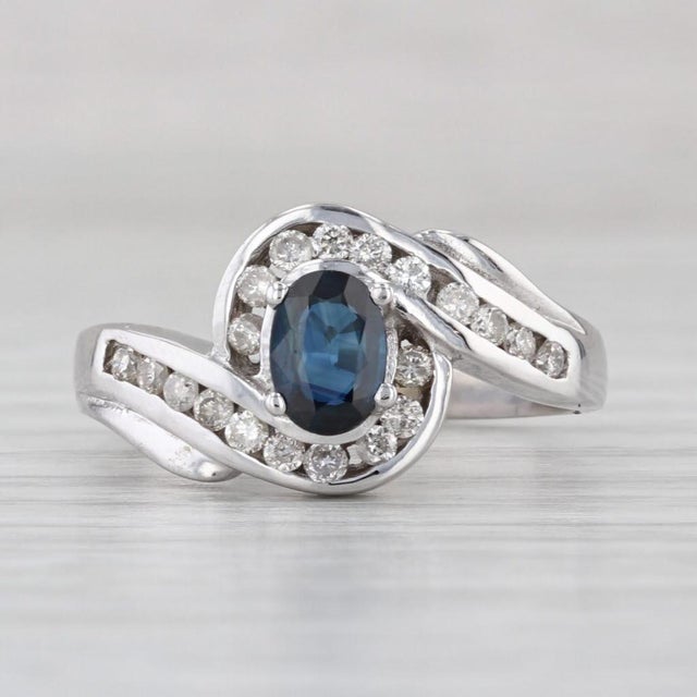 Metal 1ctw Blue Sapphire Diamond Bypass Ring 14k White Gold Size 7 Engagement For Sale - Image 7 of 8