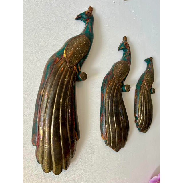 1990s Vintage Wooden "Balinese" Peacock Trio in Brass & Wood For Sale - Image 5 of 10