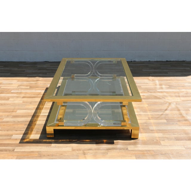 1970s Vintage 1970s Hollywood Regency Brass Lucite & Glass Two-Tier Coffee Table For Sale - Image 5 of 18