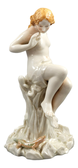 Iridescent Porcelain Sculpture of a Maiden and Lizard from Royal Worcester, 1870