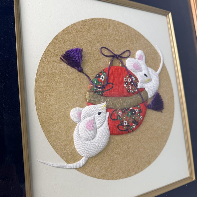 Japanese Framed Shishigiyo Textile Art with Mice and Temari Ball, 1980s For Sale - Image 6 of 10