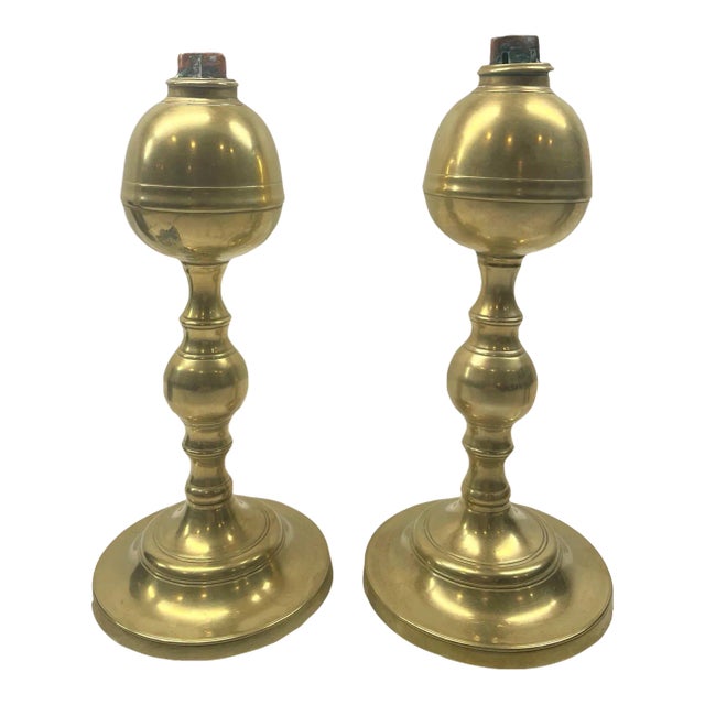 Pair of 19th Century Brass Whale Oil Lamps, Double Tube Burner For Sale