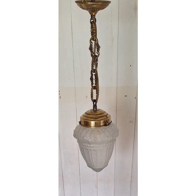 Antique French Teardrop Lamp with Frosted Relief Glass Shade on Brass Mount, 1900s For Sale - Image 3 of 9