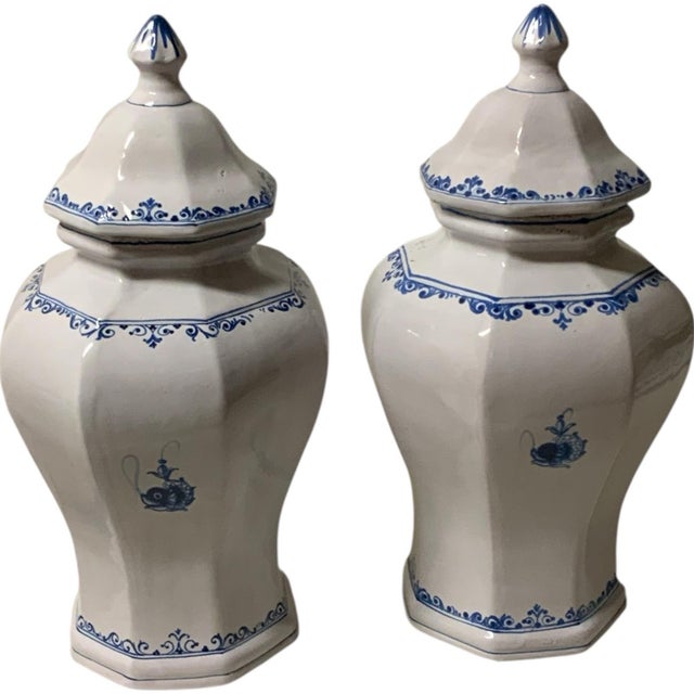 Rare Vintage 3-Piece Italian Majolica Centerpiece Set for Gump's Blue & White Tulipiere, Platter & Matching Pair of Lidded...