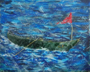 2022 "Chubasco" Green, Red, and Blue Contemporary Stormy Seascape Painting by Moisés Villafuerte