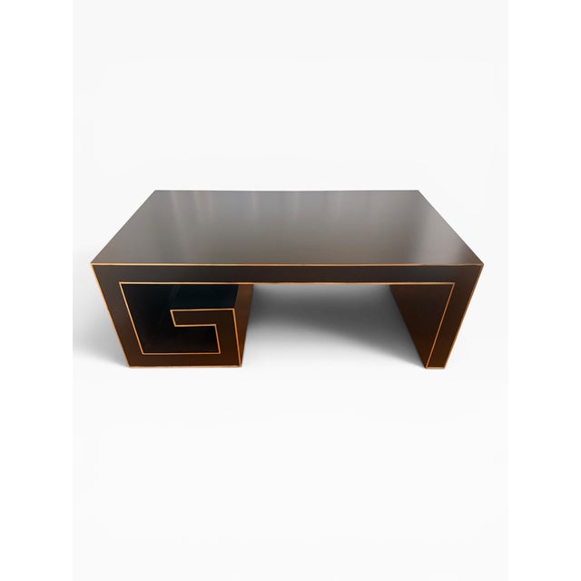 2020s Currey & Company Modern Black Lacquer Coffee Table With Greek Key Gold Trim For Sale - Image 5 of 16