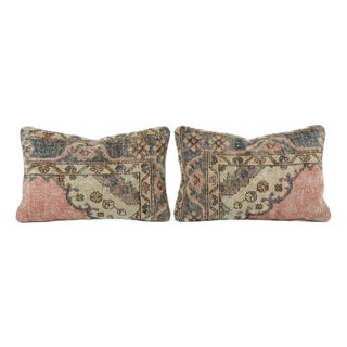 Turkish Oushak Lumbar Rug Pillow Cover 16'' X 24'' & 14'' X 24'' - Set of Two For Sale