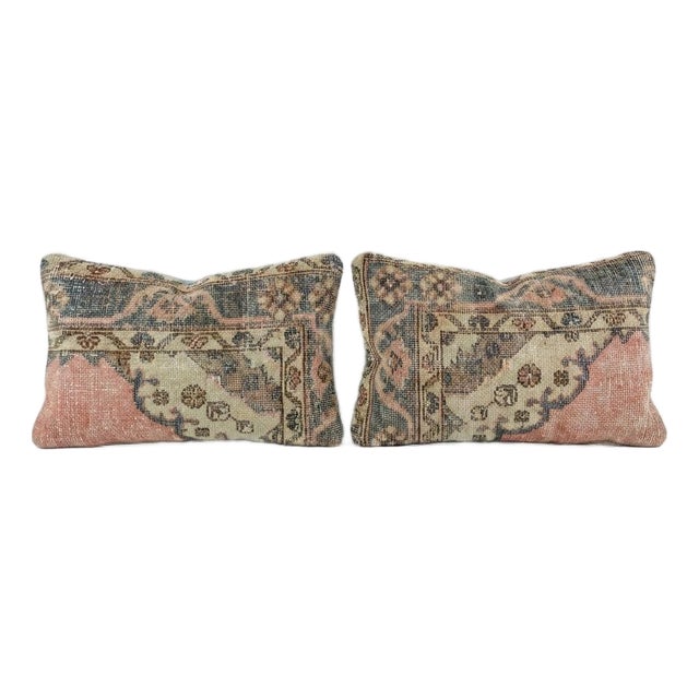 Turkish Oushak Lumbar Rug Pillow Cover 16'' X 24'' & 14'' X 24'' - Set of Two For Sale