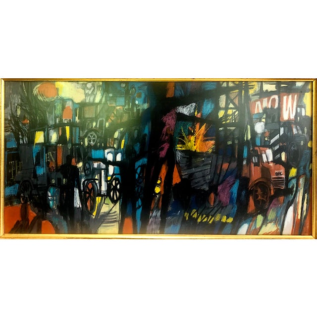 This vibrant and dense artwork is a mid-century American expressionist painting steeped in industrial narrative,...