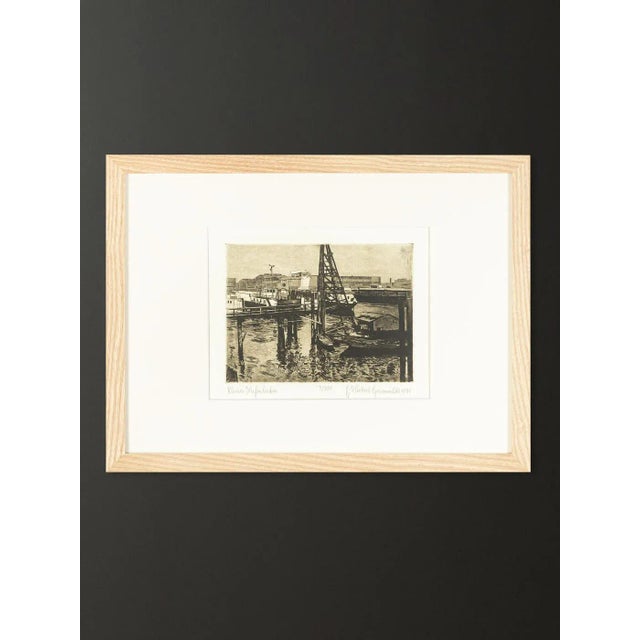 Herbert grunwaldt "small harbor basin". Churned water with many reflections and boats lying in the harbor. B/w etching on...