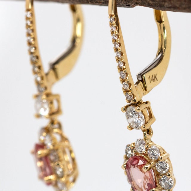 Metal Ceylon Padparadscha Sapphire Diamond Earrings in Solid 14k Gold | Oval 6x4mm For Sale - Image 7 of 7