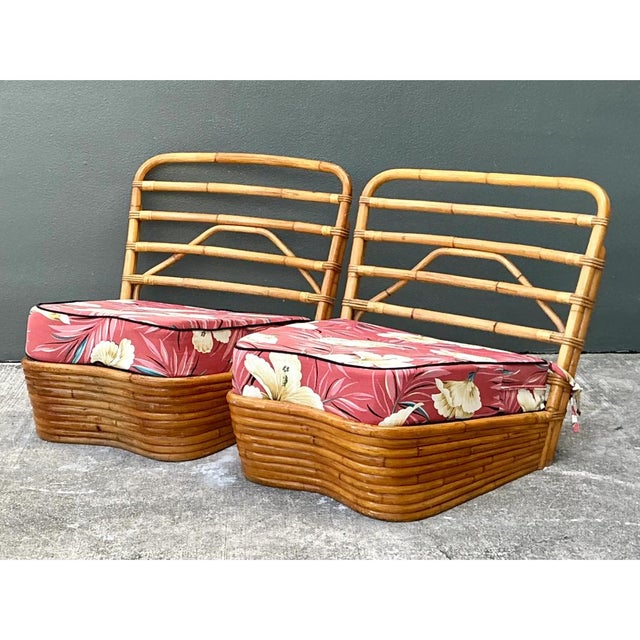 Mid-Century Modern Vintage Stacked Wave Rattan Slipper Chairs After Paul Frankl For Sale - Image 3 of 13