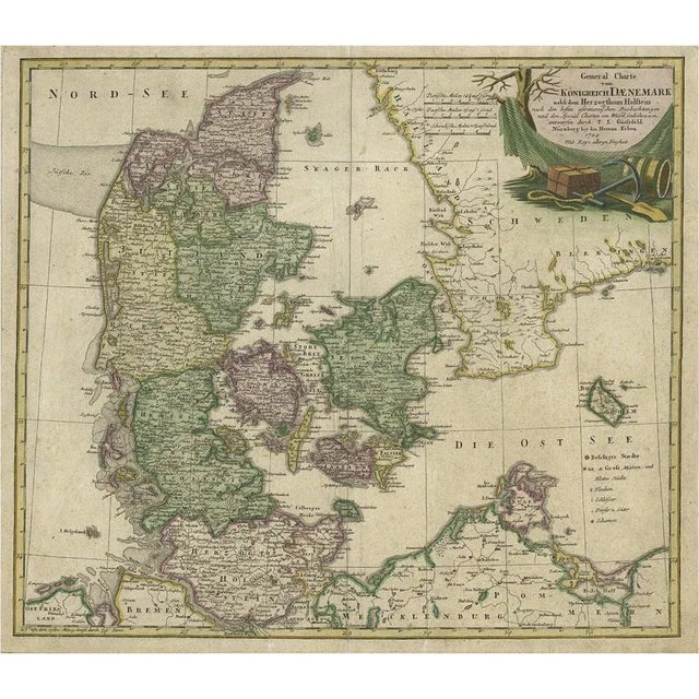 Antique Map of Denmark with Schleswig-Holstein and the South of Sweden, 1750 For Sale - Image 6 of 6