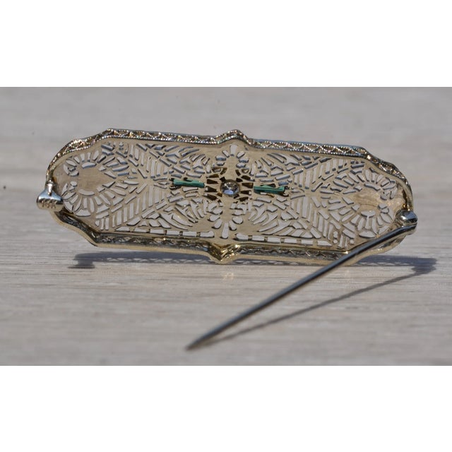 Contemporary The El Granada: Antique Filigree Brooch with Old Cut Diamond and Emeralds For Sale - Image 3 of 3