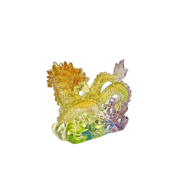 2020s Chinese Orange Yellow Crystal Glass Dragon W Ball on Wave Figure For Sale - Image 5 of 5