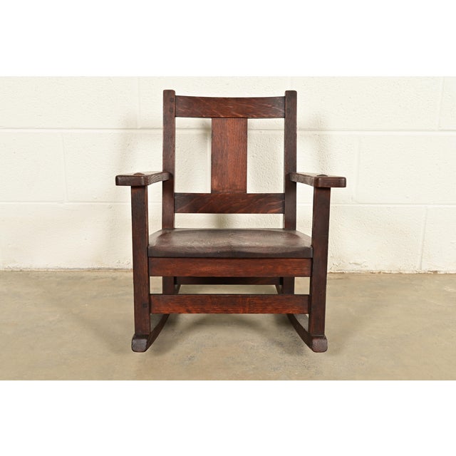 Mission Limbert Antique Mission Oak Arts & Crafts Child's Rocking Chair, Circa 1910 For Sale - Image 3 of 14