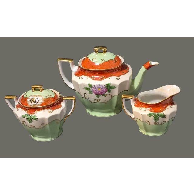 Vintage Asian Japanese Hand Painted Gilded Lusterware Tea Pot Creamer & Sugar Bowl For Sale - Image 4 of 9