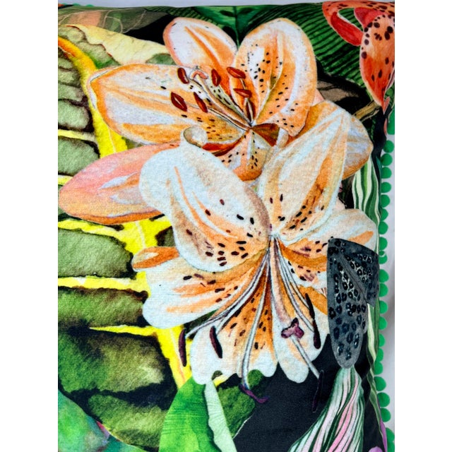English 20" Square Decorative Throw Pillow With a Brilliant Tropical Pattern of Lilies, Palms Leaves & Butterflies - Made in the U K For Sale - Image 3 of 12