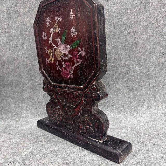Brown Vintage Chinese Rosewood Table Screen With Mother of Pearl Inlay – Magpie & Plum Blossom Motif For Sale - Image 8 of 9