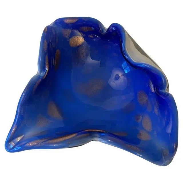 Italian Sommerso Murano Glass Bowl Ashtray in Brilliant Blue with Gold Flecks For Sale - Image 12 of 12