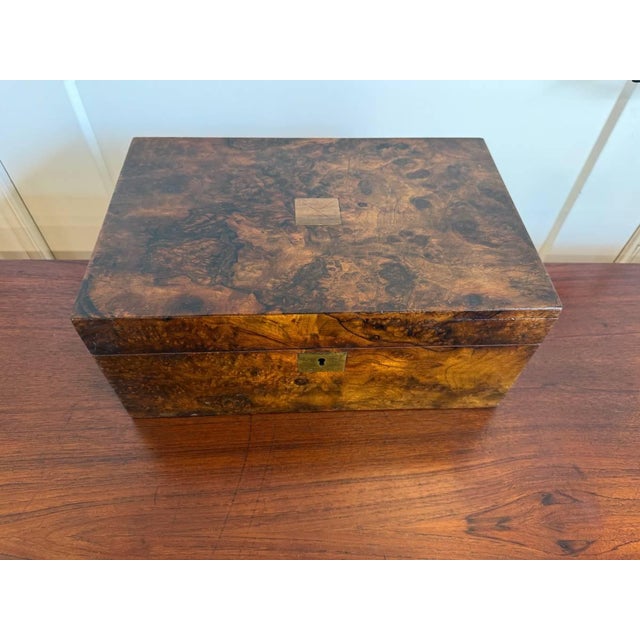 Early 20th Century Antique Victorian Style Burr Walnut Brass Writing Box For Sale - Image 12 of 16