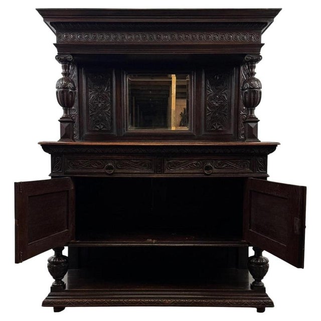 Antique Victorian English Carved Oak Mirror-Back Sideboard For Sale - Image 5 of 13