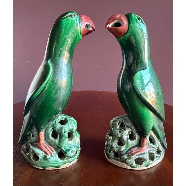Dark Green Chinese Import Vintage Antique Ceramic Parrots With Beautiful Green Glaze. 8” Tall. Late 19th Early 20th Century, Approx. Quing Dynasty? For Sale - Image 8 of 11