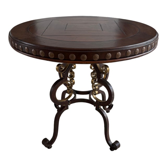 Ferguson Copeland “Highlands” Collection Round Parquet End Table With Iron Scroll Base For Sale