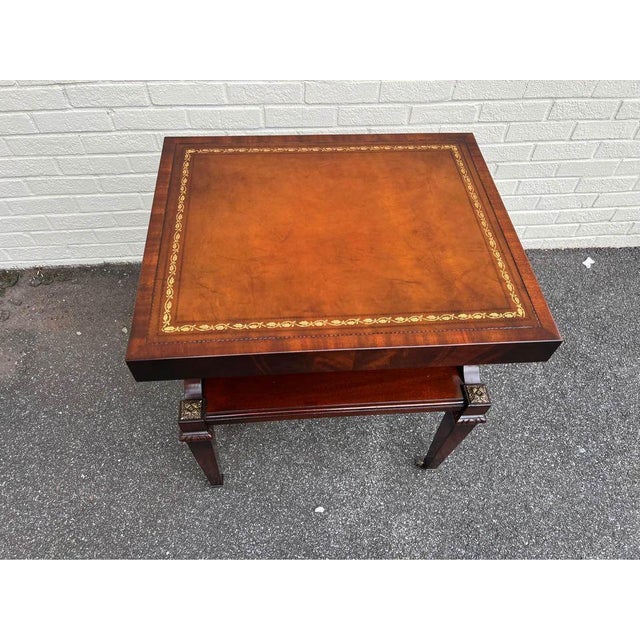 Early 20th Century Early 20th Century Pair of George III Style Flame Mahogany Tooled Leather Top 2 Tier Side Tables. For Sale - Image 5 of 11