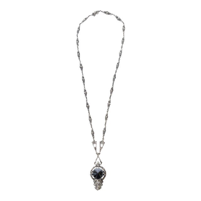 Art Deco Sterling Silver, Hematite and Marcasite Necklace For Sale