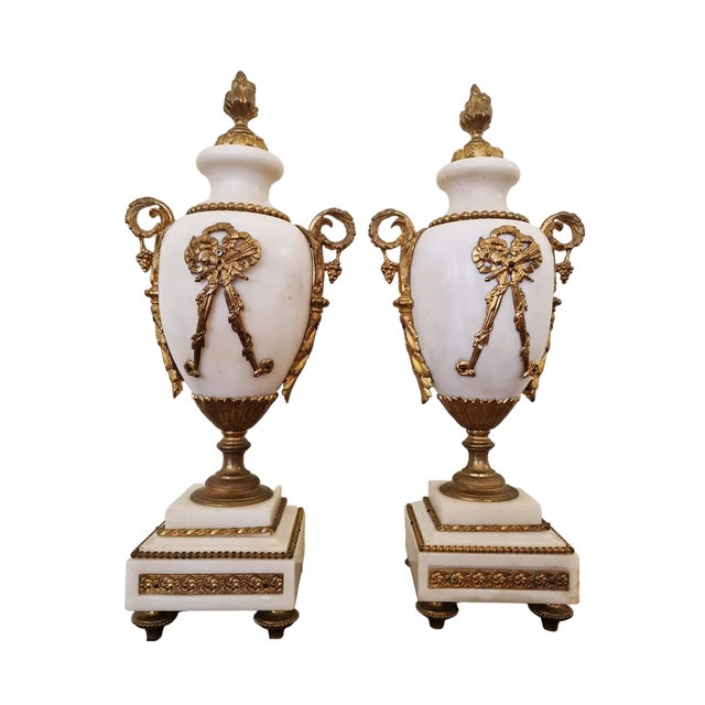 Louis XVI Style White Marble and Gilt Bronze Vases, 19th Century, Set of 2 For Sale