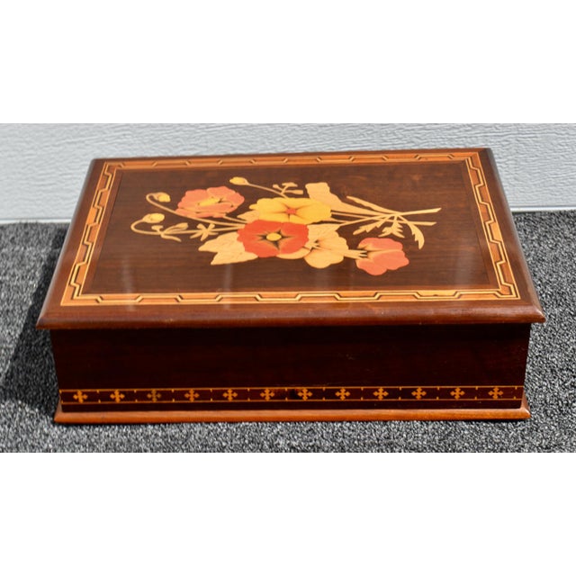 Wooden Inlaid Jewelry Box Vintage Henrique Michels Inlaid Floral Marquetry For Sale - Image 14 of 16