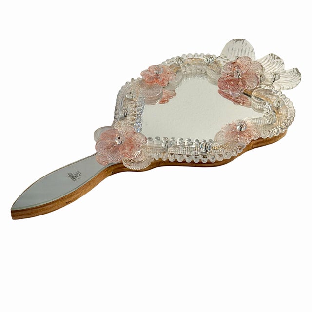 Vetri 1980s Vetri Murano Art Glass Floral Hand Mirror-Form Wall Mirror For Sale - Image 4 of 12