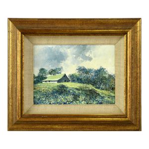"Near Spring" Green Barn Landscape in Oil on Illustration Board by Warner Baird