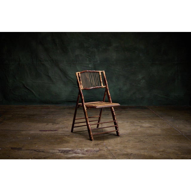 Asian Set of Four Vintage Tortoiseshell Burnt Bamboo Folding Chairs, 1940s For Sale - Image 3 of 6