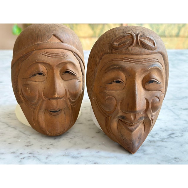 Vintage Japanese Kyogen Masks in Hand-Carved Wood, 1950s, Set of 2 For Sale - Image 15 of 15