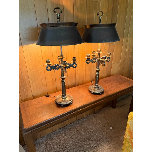 Frederick Cooper Pair of Mid-Century Frederick Cooper Brass Bouillotte Table Lamps With Adjustable Brass Tôle Shades For Sale - Image 4 of 10