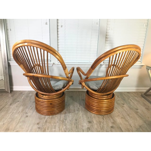 1970s Vintage Paul Frankl Style Bamboo Rattan Swivel Chairs - Set of 2 For Sale - Image 5 of 7