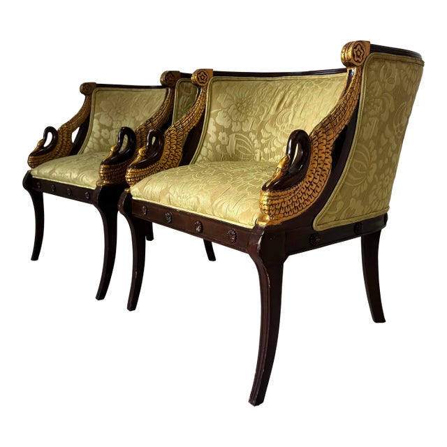 Vintage Neoclassical Style Carved Swan Barrel Back Upholstered Lounge Chairs – A Pair/ Sold For Sale