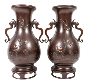 Pair Meiji Japanese Bronze Vases With Bird & Pond Relief
